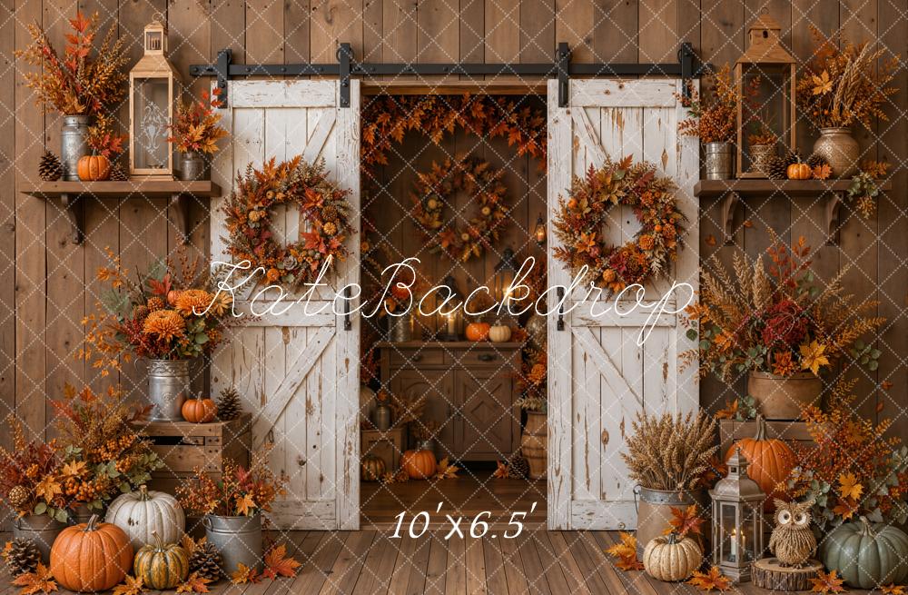 Kate Fall Barn Door Flowers Pumpkins Wreath Rustic Wood Printed Backdrop Designed by Emetselch