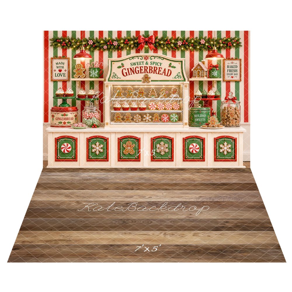 Kate Christmas Gingerbread Bakery Candy Shop Striped Wall Printed Backdrop+Brown Wood Plank Floor Printed Backdrop