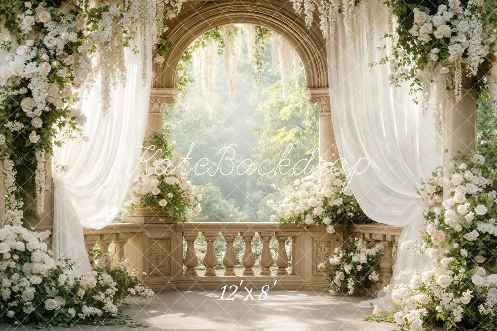 Kate Spring Flower Arch White Roses Draped Curtains Balcony Printed Backdrop Designed by Emetselch