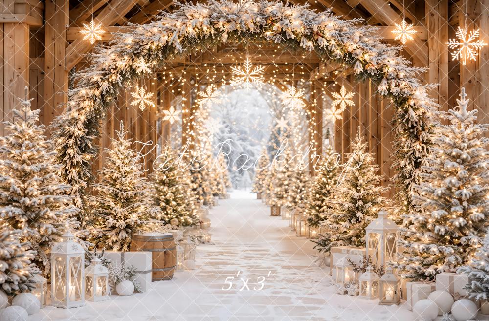 Kate Christmas Snowy Evergreen Lighted Archway Trees Printed Backdrop Designed by Emetselch