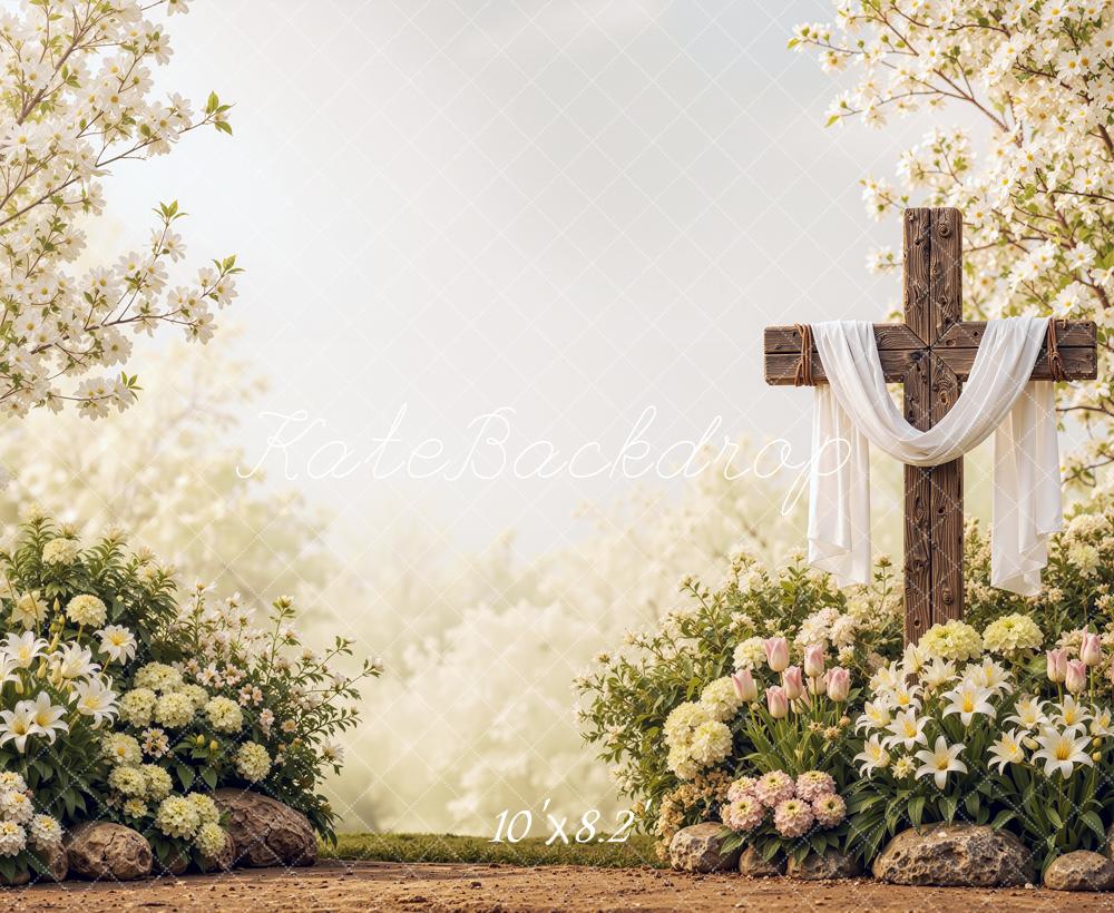 Kate Easter Cross Floral  Garden Draped Fabric Printed Backdrop Designed by Shutter Swan Studios