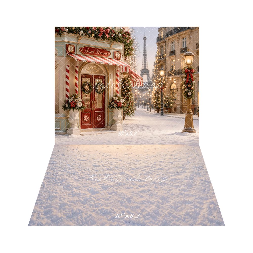 Kate Christmas Paris Candy Shop Snowy Street Printed Backdrop+Snowy Floor Printed Backdrop
