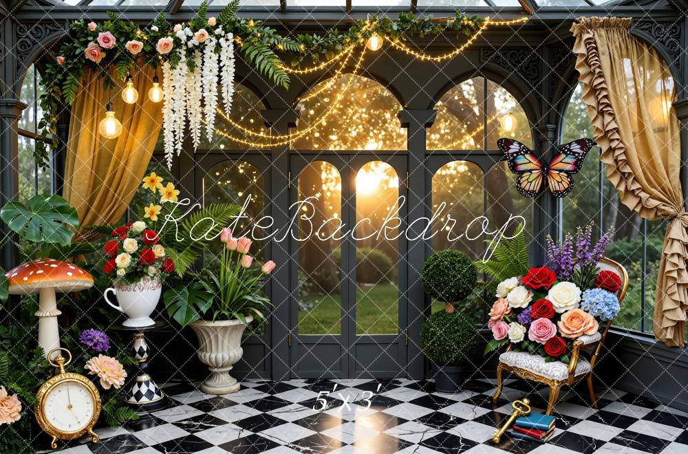 Kate Fantasy Garden Flowers Mushroom Butterfly Clock Backdrop Designed by Mini MakeBelieve