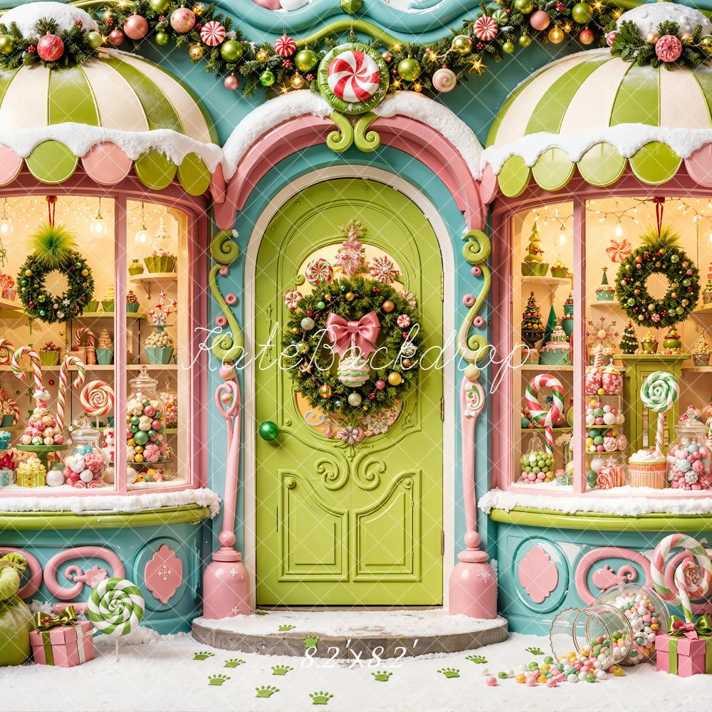 Kate Christmas Fantasy Whimsical Candy Shop Kids Green Printed Backdrop Designed by Emetselch