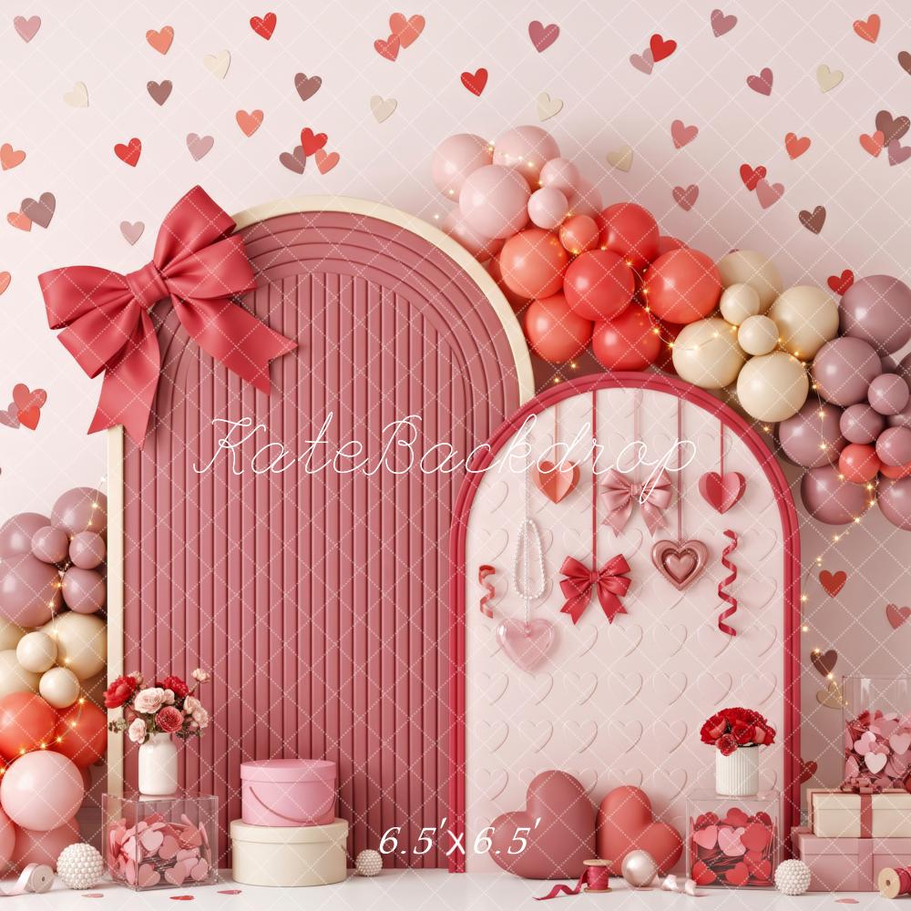 Kate Valentine's Day Cake Smash Pink Heart Balloon Arch Bow Printed Backdrop Designed by Patty Roberts