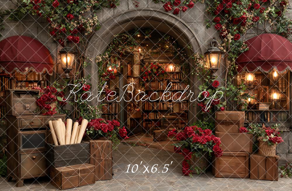 Kate Valentine's Day Vintage Library Archway Red Roses Bookshelves Lanterns Backdrop Designed by Ashley Paul