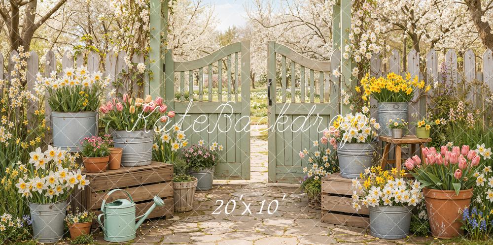 Kate Spring Garden Gate Flower Pots Cherry Blossoms Printed Backdrop Designed by Emetselch
