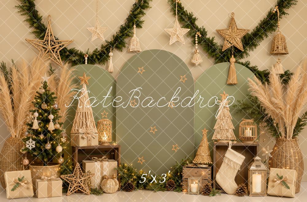 Kate Christmas Boho Green Arch Panels Trees Stars Printed Backdrop Designed by Emetselch