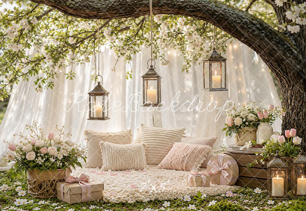 Kate Spring Cherry Blossom Branch Arch Lanterns Cozy Pillows Printed Backdrop Designed by Emetselch