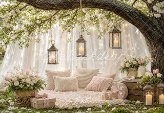 Lightning Deal Kate Spring Cherry Blossom Branch Arch Lanterns Cozy Pillows Printed Backdrop Designed by Emetselch