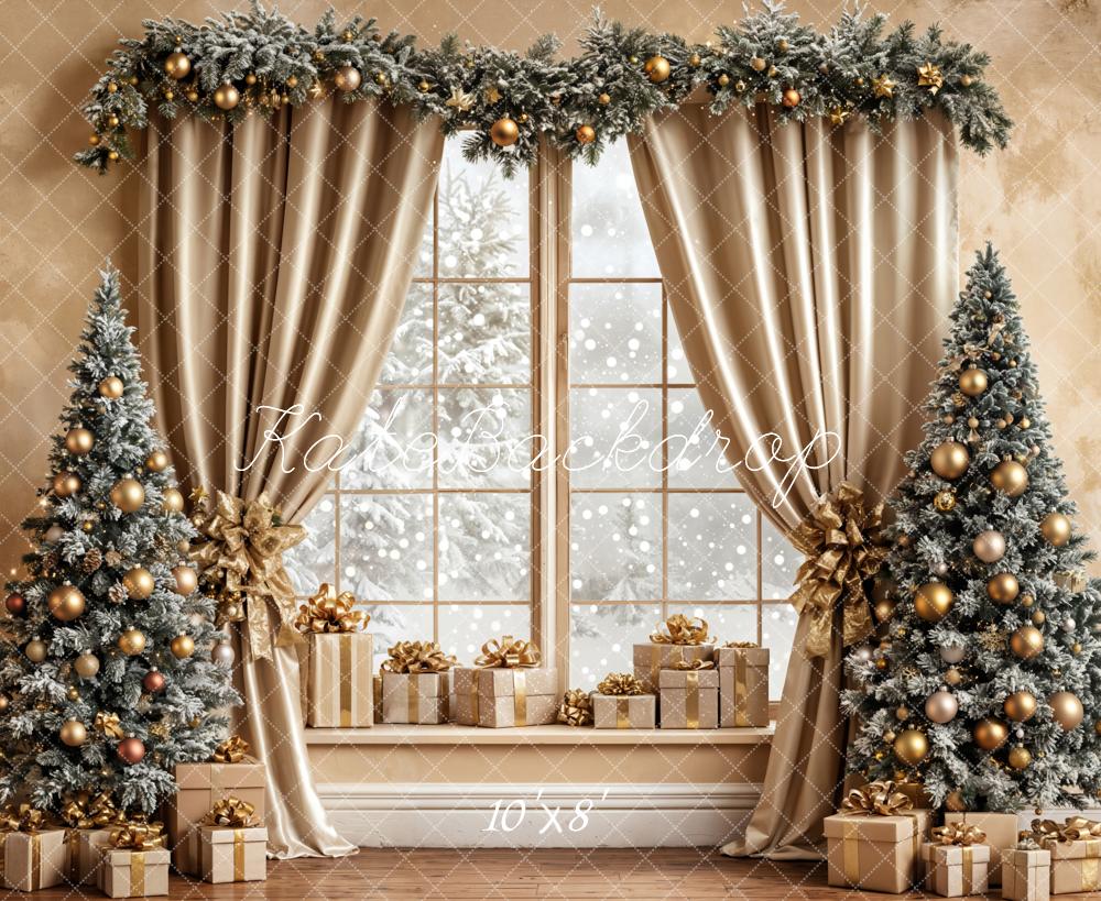 Kate Christmas Gold Gifts Trees Window Backdrop Designed by Emetselch
