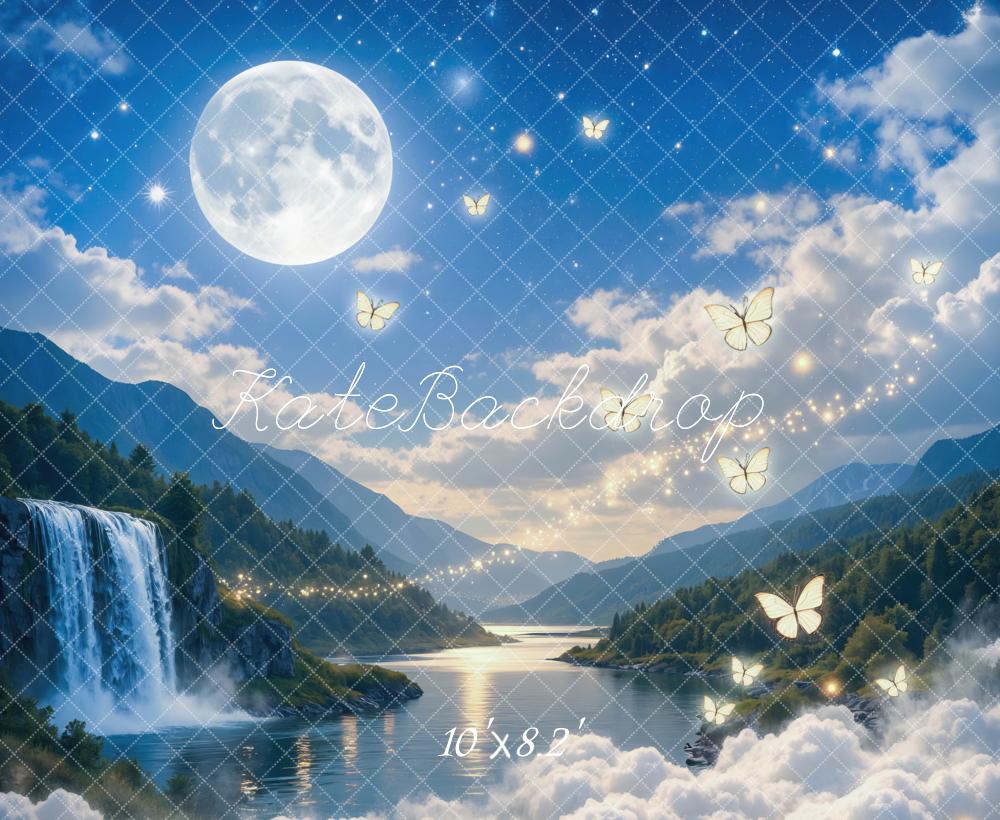 Kate Fairy Fantasy Moonlight Waterfall Butterflies Printed Backdrop Designed by Mini MakeBelieve