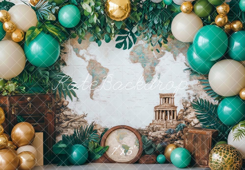 Vintage World Map Green Balloon Backdrop