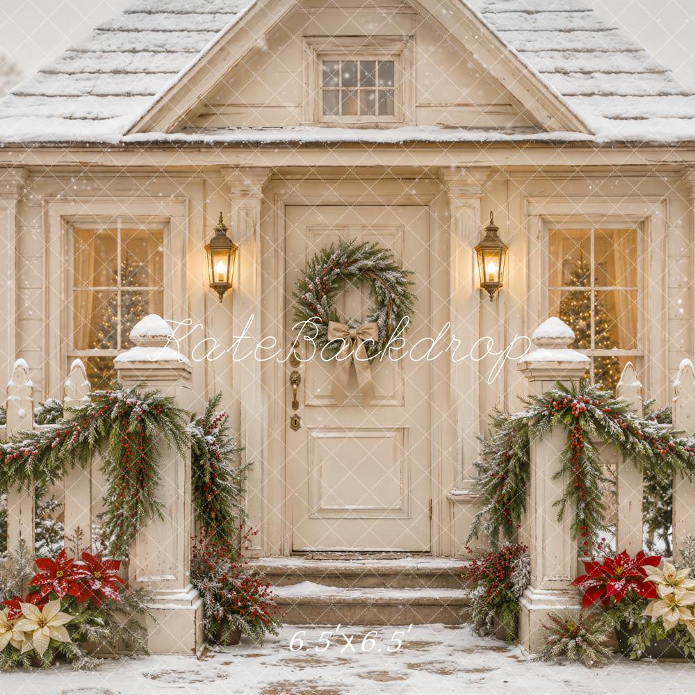 Kate Christmas White Cottage Snow Garland Wreath Printed Backdrop Designed by Emetselch