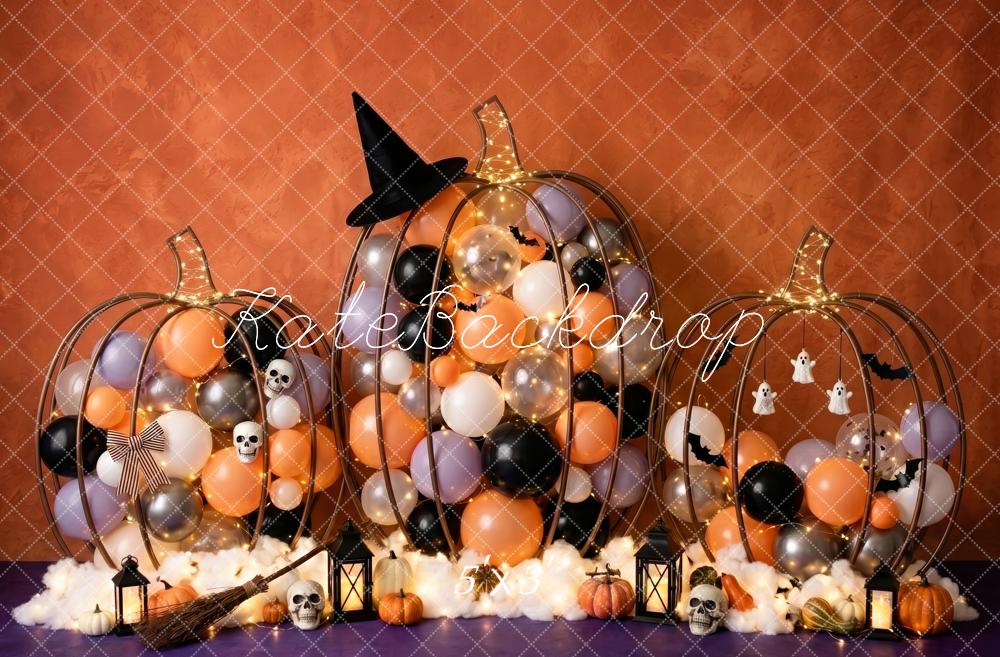 Kate Halloween Cake Smash Gold Pumpkin Balloons Witch Hat Printed Backdrop Designed by Patty Roberts