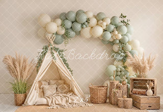 Kate Boho Balloon Arch Tent Pampas Grass Wood Crates Printed Backdrop Designed by Emetselch