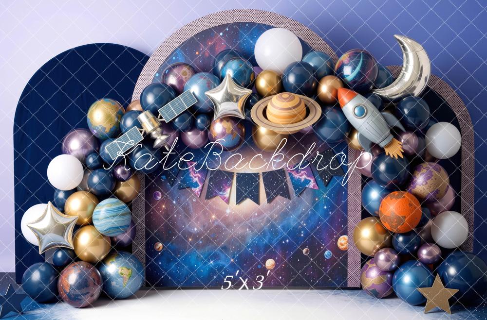 Kate Birthday Space Balloon Arch Planets Rocket Moon Printed Backdrop Designed by Mini MakeBelieve