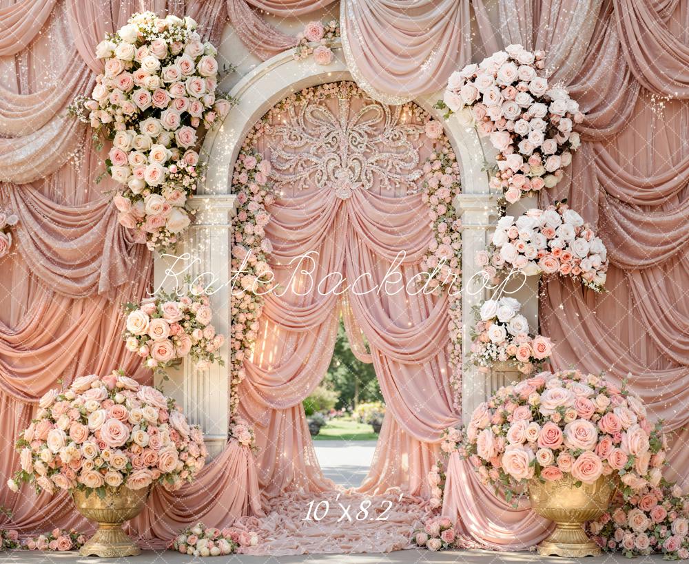 Kate Spring Pink Flower Arch Wedding Drapes Printed Backdrop Designed by Mini MakeBelieve
