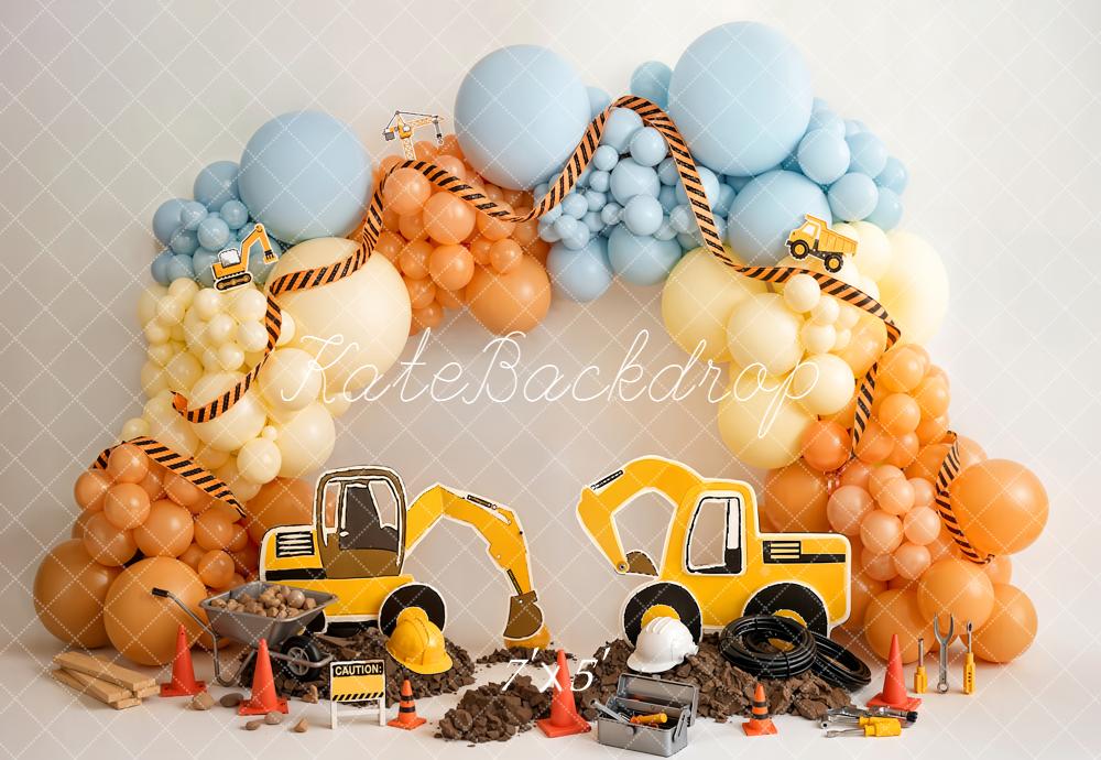Kate Cake Smash Construction Trucks Balloon Arch Tools Printed Backdrop Designed by Emetselch