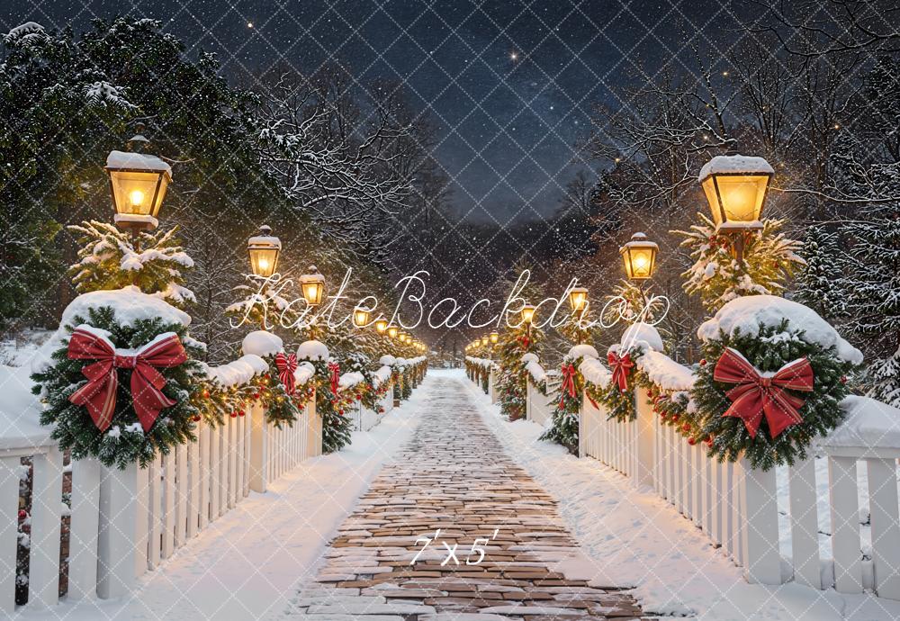 Kate Christmas Winter Path Snowy Bridge Garland Lanterns Backdrop Designed by Emetselch
