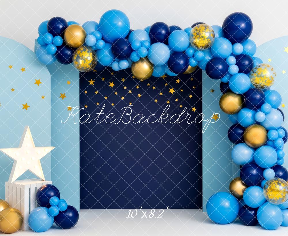 Kate Cake Smash Blue Balloon Arch Starry Night Printed Backdrop Designed by Patty Roberts