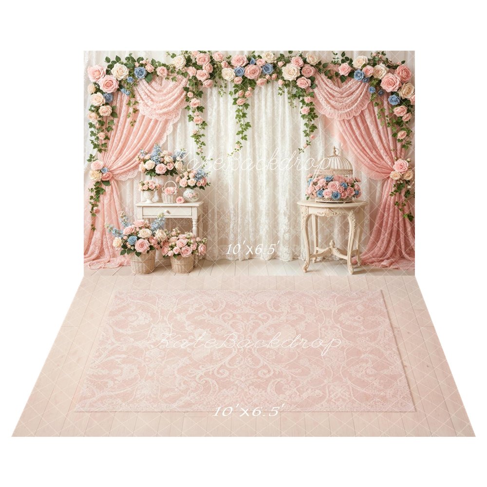 Kate Flower Arch Pink Roses Birdcage Lace Curtains Backdrop+Pink Damask Vintage Floor Backdrop
