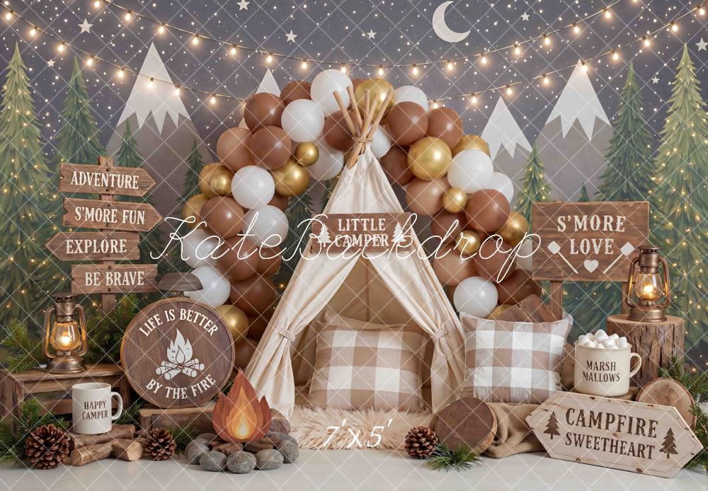 Kate Cake Smash Camping Tent Forest Campfire String Lights Printed Backdrop Designed by Mini MakeBelieve