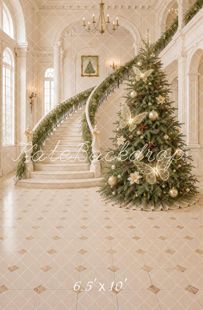 Kate Christmas Tree Cascading Stairs Butterfly Lights Elegant Printed Backdrop Designed by Emetselch