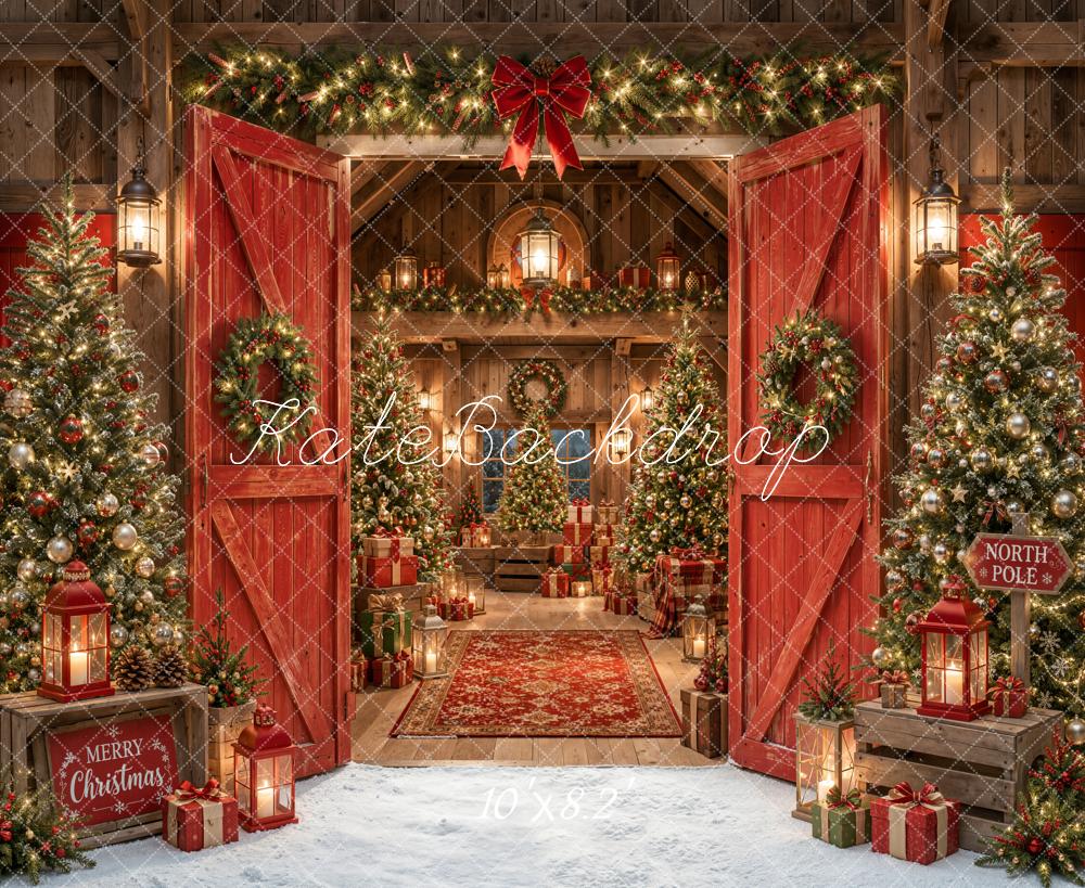 Kate Christmas Barn Red Doors Christmas Trees Presents Lanterns Printed Backdrop Designed by Emetselch