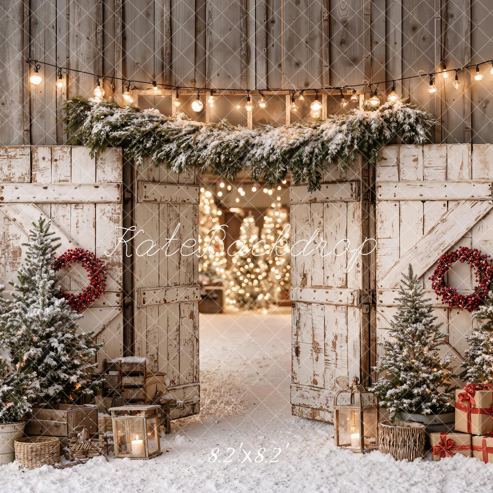Kate Christmas Rustic Barn Doors Snowy Trees String Lights Printed Backdrop Designed by Emetselch