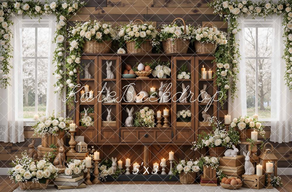 Kate Easter Bunny Wooden Cabinet Flowers Candles Backdrop Designed by Mini MakeBelieve