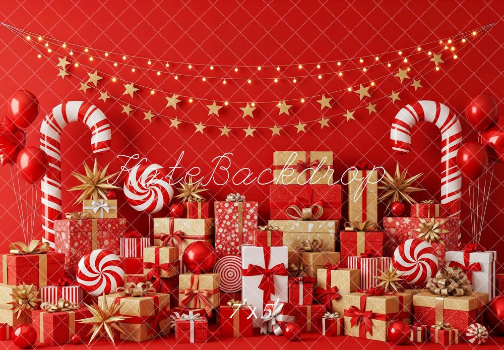 Kate Christmas Red Candy Canes Gift Boxes Stars Balloons Backdrop Designed by Patty Roberts