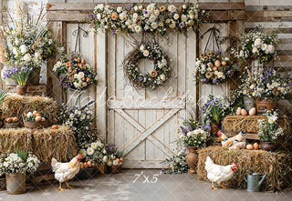 Kate Easter Rustic White Barn Chicken Hay Eggs Flowers Printed Backdrop Designed by Emetselch
