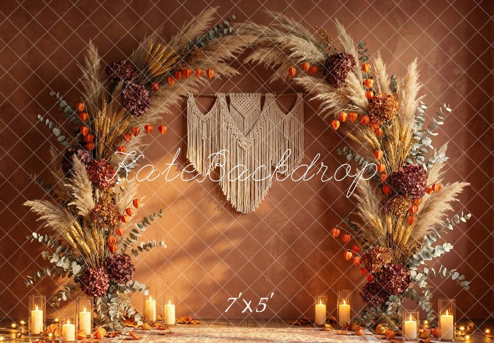 Kate Boho Flower Arch Pampas Grass Candles Brown Printed Backdrop Designed by Happy Squirrel Design