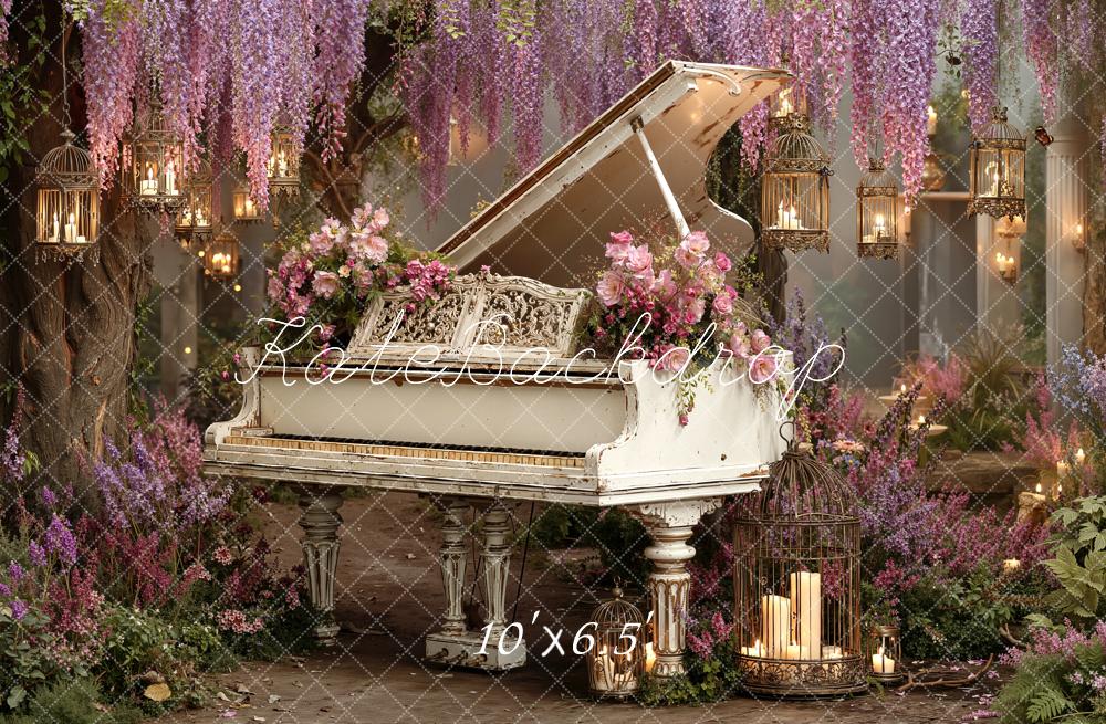 Kate Floral White Piano With Hanging Lanterns And Wisteria Backdrop Designed by Emetselch