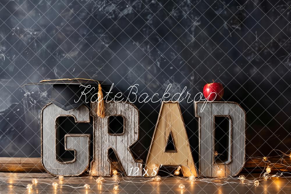 Kate Graduation GRAD Letters Chalkboard Apple String Lights Printed Backdrop Designed by Emetselch