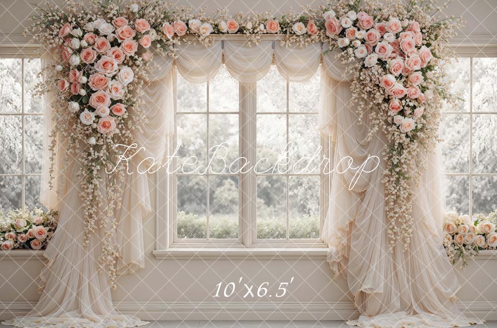 Kate Summer Flower Arch Window Drapes Pink Roses Printed Backdrop Designed by Mini MakeBelieve