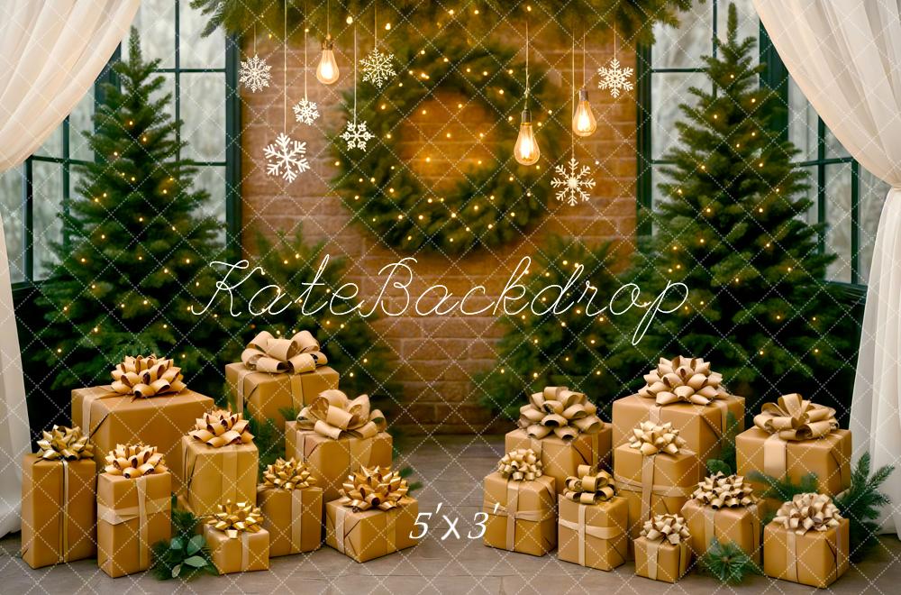 Kate Christmas Gift Boxes Pine Trees Brick Wall Backdrop Designed by Mini MakeBelieve