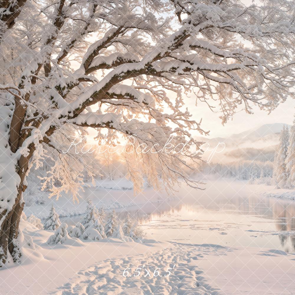 Kate Winter Snowy Forest Lake Sunrise Printed Backdrop Designed by Emetselch