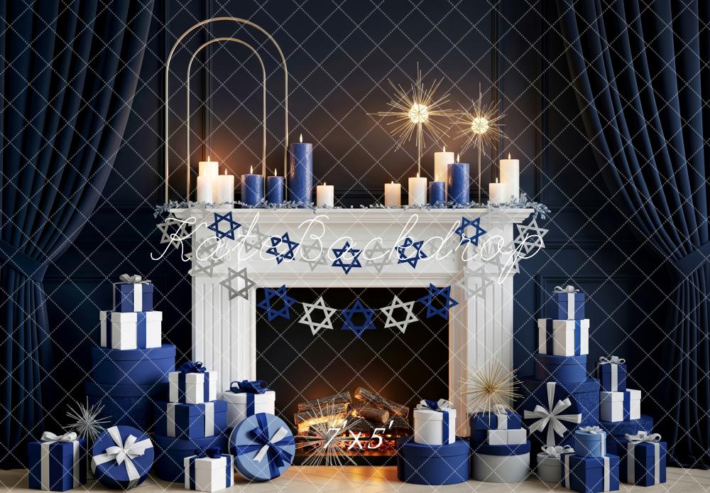 Kate Hanukkah Blue Fireplace Star of David Gift Boxes Backdrop Designed by Patty Roberts