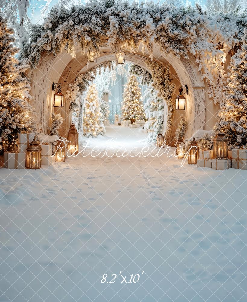 Kate Christmas Snowy Archway Pine Trees Lanterns Backdrop Designed by Emetselch