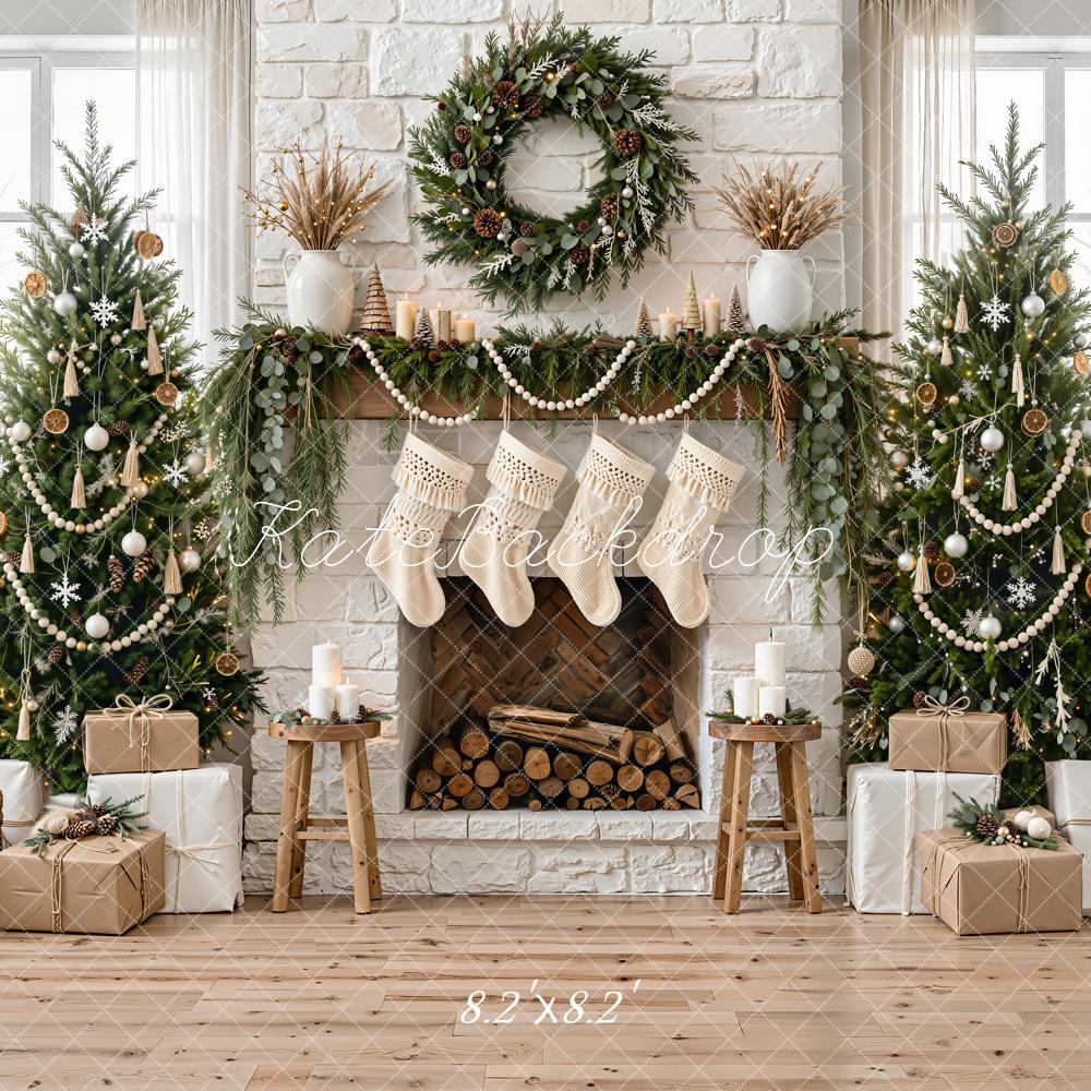 Kate Christmas Trees Fireplace Wreath Garland Gifts White Stockings Printed Backdrop Designed by Emetselch