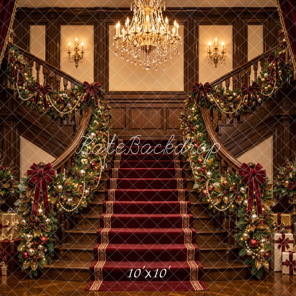 Kate Christmas Grand Staircase Chandelier Garland Red Curtains Printed Backdrop Designed by Emetselch
