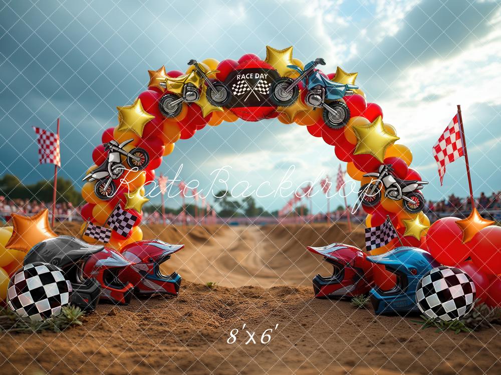 Kate Cake Smash Race Day Motorcycle Balloon Arch Checkered Flags Printed Backdrop Designed by Laura Bybee