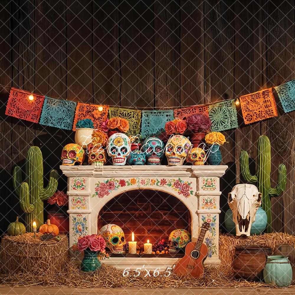 Kate Day Of The Dead Fireplace Skulls Guitar Cactus Papel Picado Backdrop Designed by Emetselch