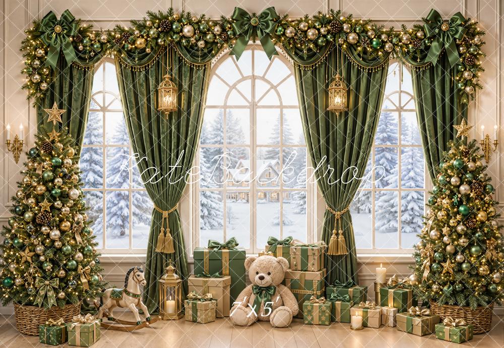 Kate Christmas Window Snowy Green Curtains Trees Teddy Bear Gifts Printed Backdrop Designed by Emetselch