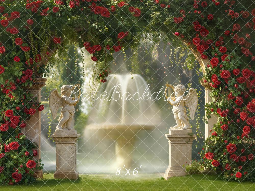 Kate Spring Red Rose Arch Angel Statues Fountain Garden Backdrop Designed by Emetselch