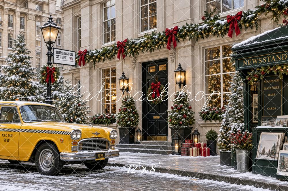 Kate Christmas Urban Snowy City Street Vintage Building Yellow Taxi Printed Backdrop Designed by Patty Roberts
