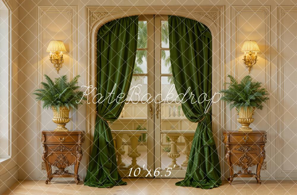 Kate Spring Indoor Green Curtain French Door Cabinet Backdrop Designed by Emetselch