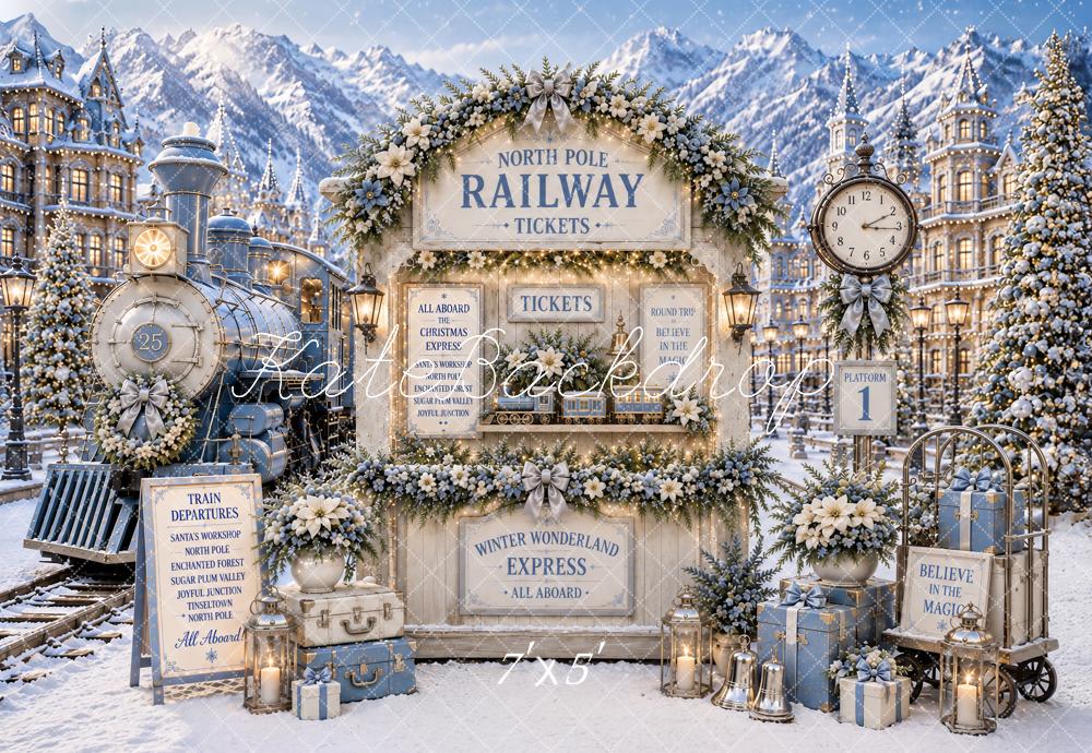 Kate Christmas Polar Train North Pole Railway Blue Snowy Printed Backdrop Designed by Ashley Paul